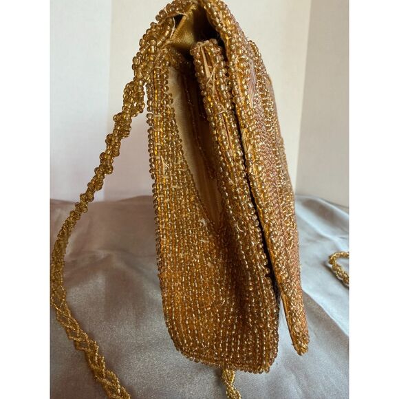 1950s Gold Glass Bead Handbag – Art Deco Leaf Design, Chain Strap - Picture 4 of 8
